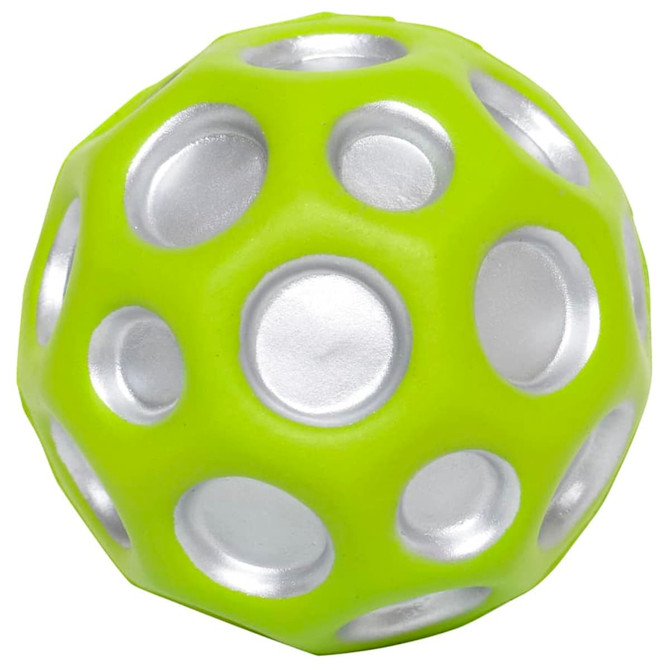 A high bounce ball featuring a bright green and silver design with multiple holes for a unique textured look.