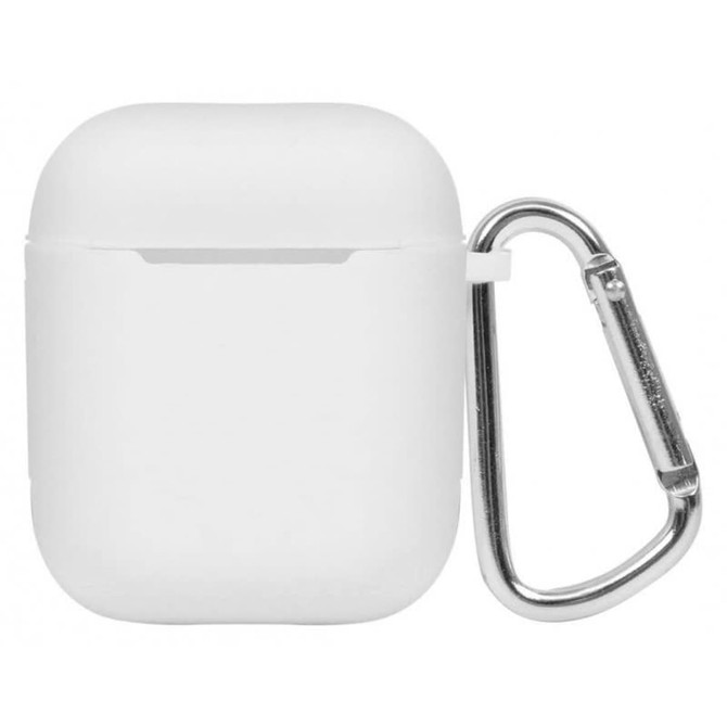 A white earbud case with a silver carabiner attached. The case has a smooth, rounded design.