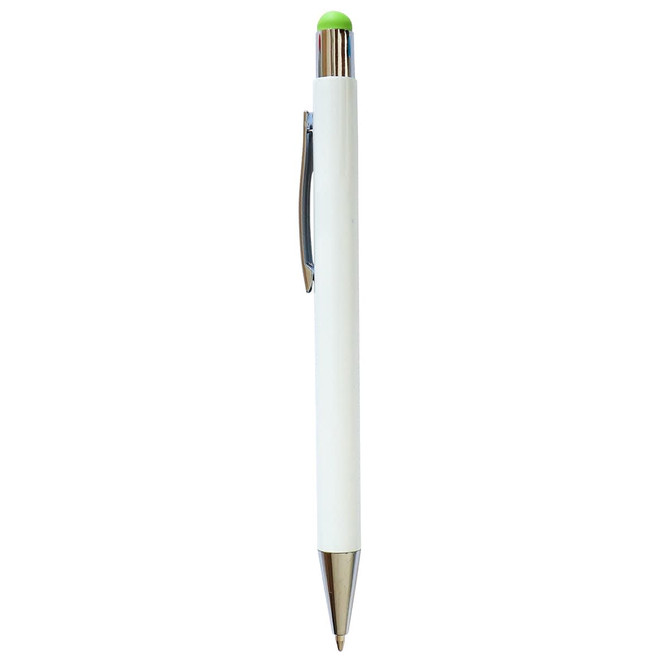 A stylus pen featuring a white body with a silver clip and a green cap. It has a sleek, modern design and branding.