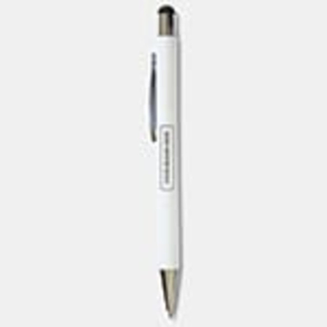 A white stylus pen featuring a sleek design and a branding logo. Ideal for writing and touchscreen use.