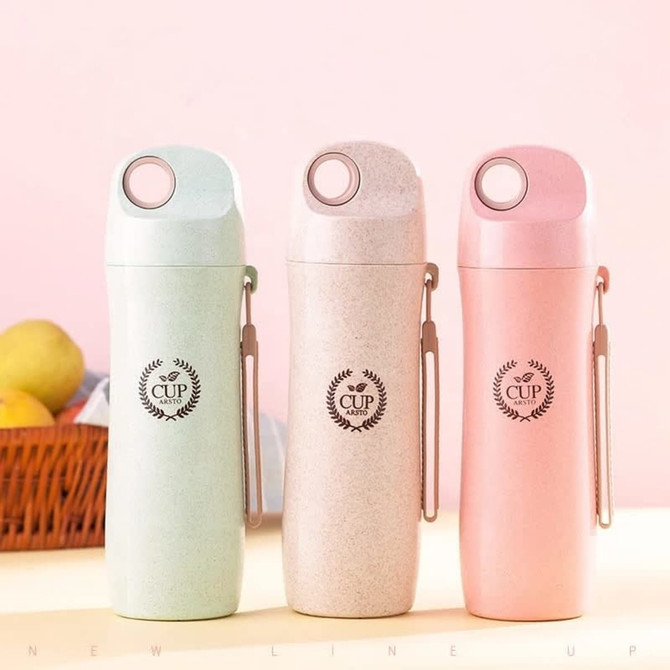 A drink bottle set featuring three colours: mint green, beige, and pink, with a logo and a carrying loop.