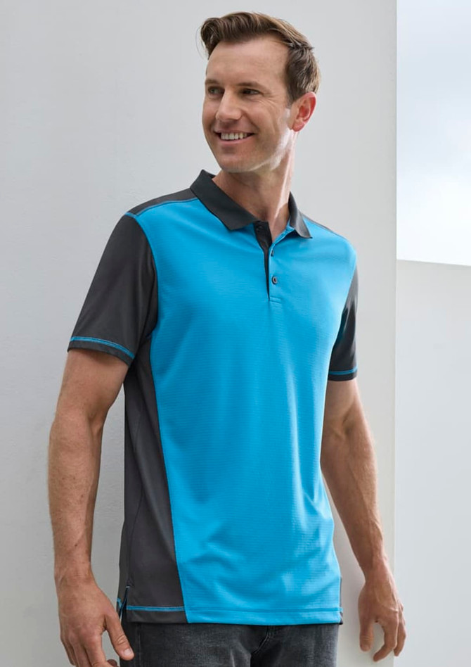 A men's short sleeve polo shirt in blue and grey, featuring a collar and a logo on the chest.