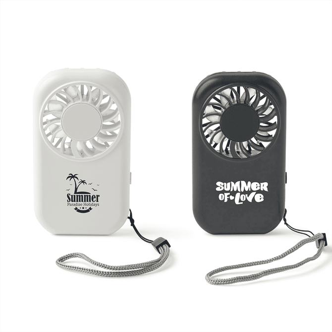 A mini pocket fan in black and white, each with a wrist strap and decorative branding.