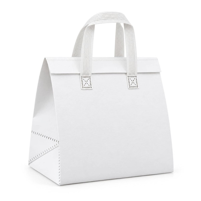 A white cooler bag with sturdy handles and a structured design, featuring a logo on the front.