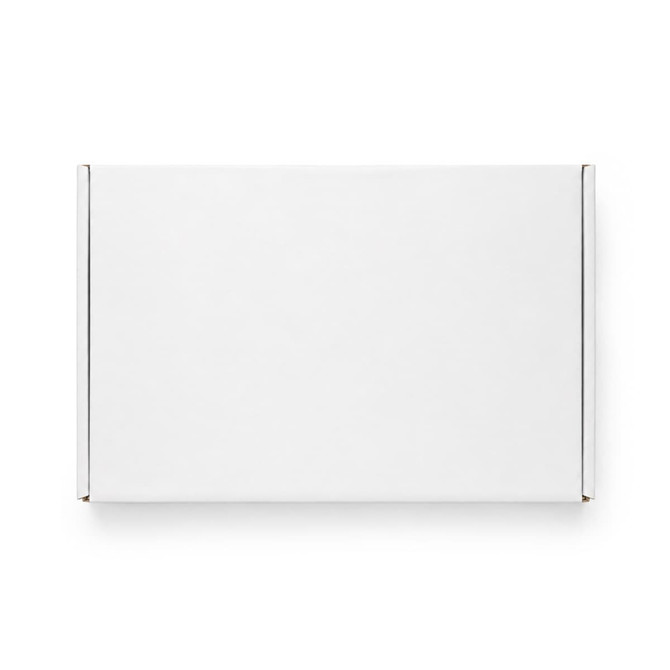A white custom box with a locking lid, measuring 300 x 210 x 70mm, featuring a simple design and metallic accents.