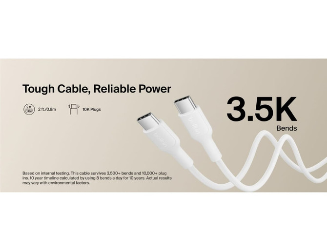 A white charging cable with two connectors, featuring a logo and a textured background.
