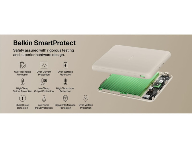 A slim, light beige power bank, showing internal circuitry and components, with a logo on the top surface.