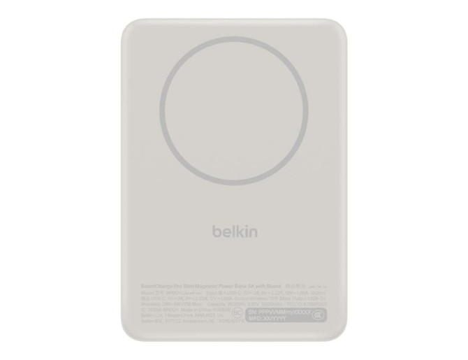 A slim white power bank with a circular magnetic area and branding on the back.