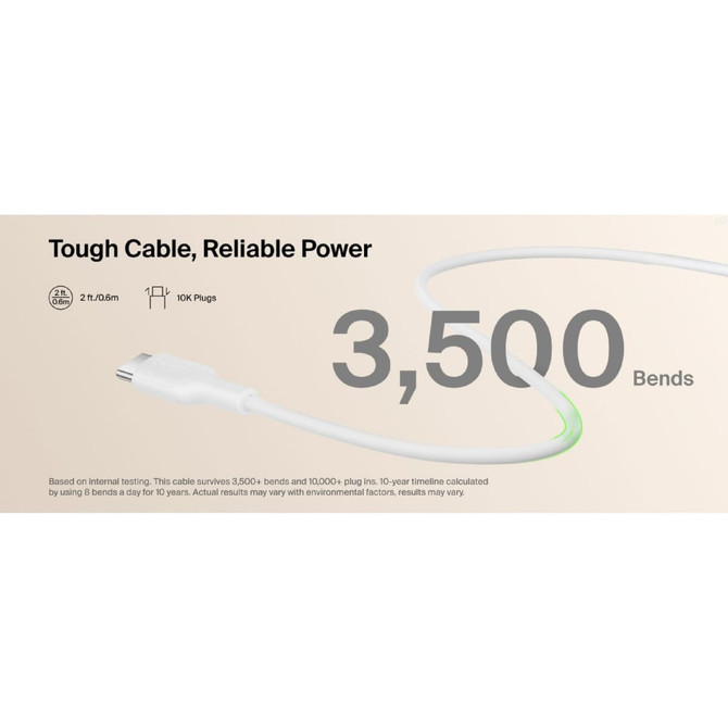 A white charging cable with a durable design, featuring a connector and branding.