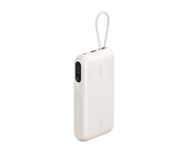 A white power bank with an integrated cable and display, featuring a loop for easy carrying and a logo.