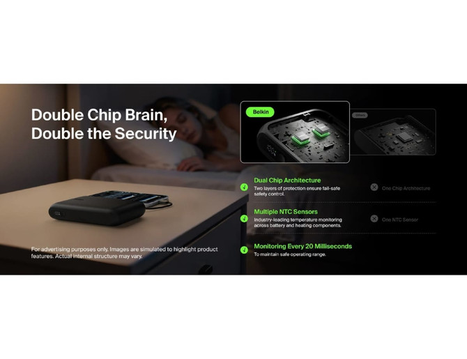 A power bank with integrated cable, featuring a black exterior and a logo, placed on a bedside table.