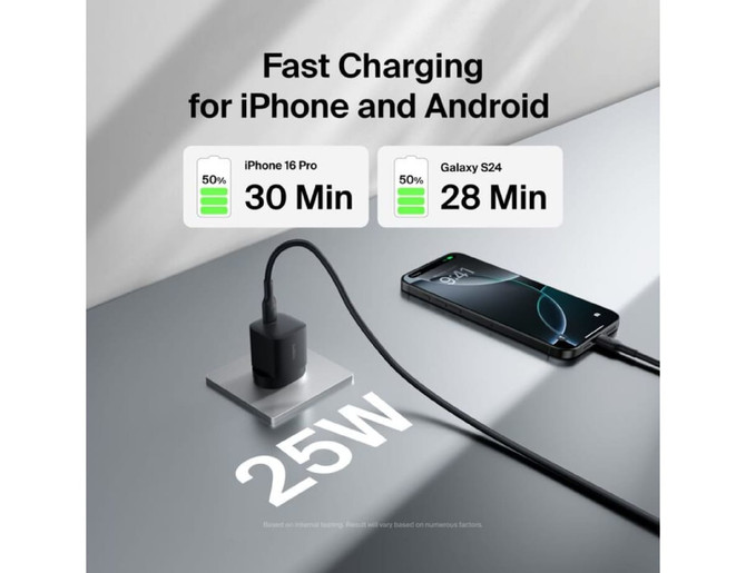 A black 25W wall charger with a cable connected to a smartphone on a sleek surface, featuring a logo.