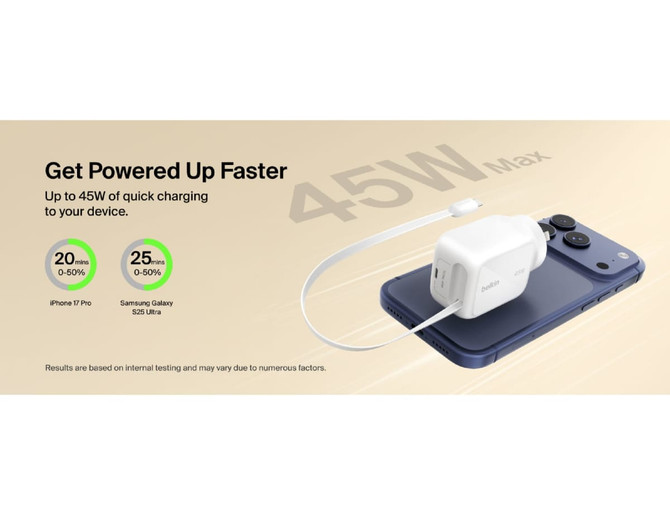 A white retractable GaN wall charger with a cable, placed on a smartphone, featuring a logo.