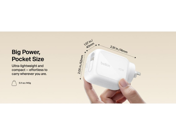 A compact white wall charger with a retractable plug, featuring a sleek design and a logo.