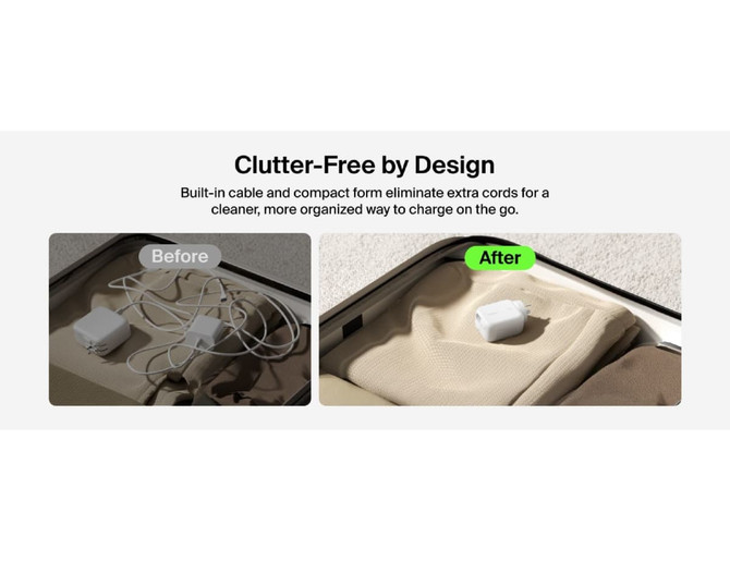 A clutter-free image featuring a compact, white charger with an integrated cable, shown in a before-and-after setting.