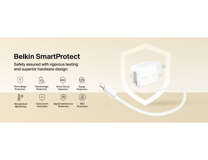 A white Belkin UltraCharge 45W Retractable GaN Wall Charger with a retractable plug and a connected cable.