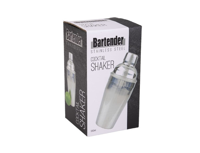 A stainless steel cocktail shaker in a boxed packaging, featuring a logo and a lime for reference.