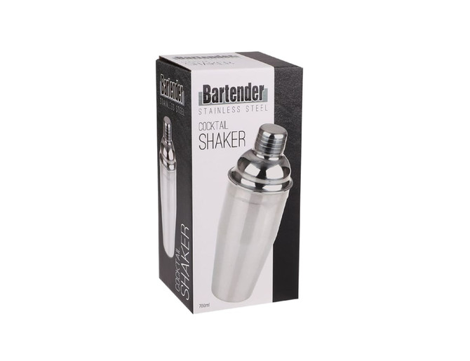 A cocktail shaker in a silver stainless steel finish, packaged in a black box with branding. Holds 700ml.