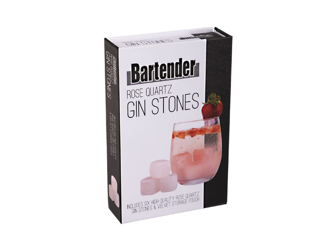 A box of six pink rose quartz gin stones with a black velvet storage pouch, featuring a drink with ice.