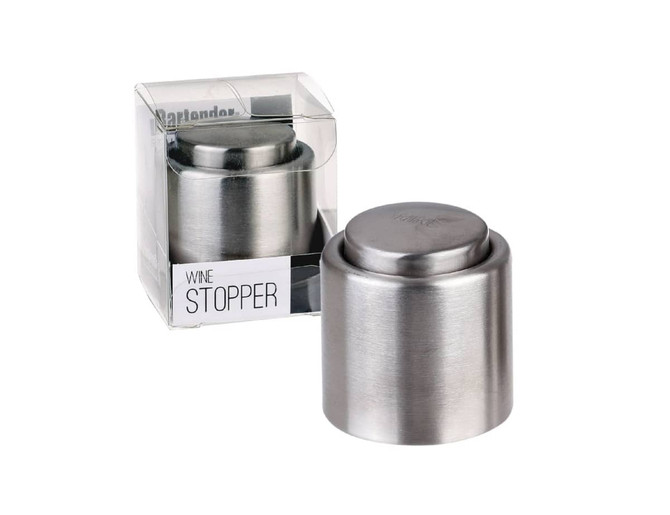 A drink bottle wine stopper in stainless steel with a sleek design, presented in a transparent box.