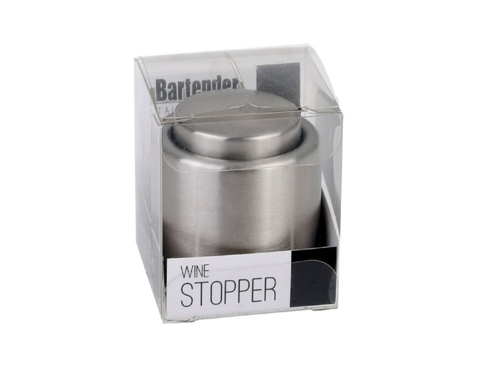 A drink bottle wine stopper in a silver finish, housed in a clear packaging with logo branding.