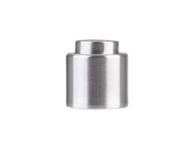 A drink bottle champagne stopper in polished stainless steel with a sleek, cylindrical design and a branding logo.