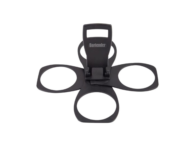 A black Bartender Folding Cup Holder with four circular slots and a top handle for easy carrying.