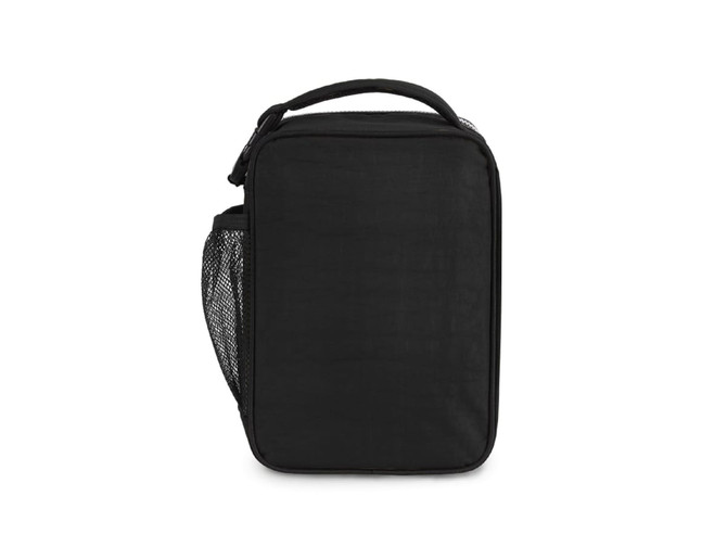 A black insulated lunch bag with a mesh side pocket and a sturdy handle. It features a simple, sleek design.