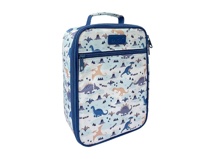 A blue insulated lunch bag featuring a playful dinosaur print and a front zip pocket. It has a handle for easy carrying.