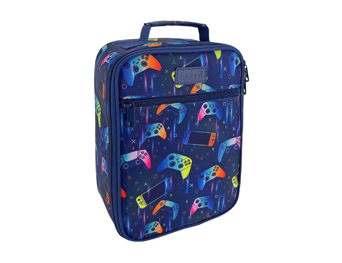 An insulated lunch bag featuring a navy background with vibrant gaming controller patterns. It has a front zipper and a handle.