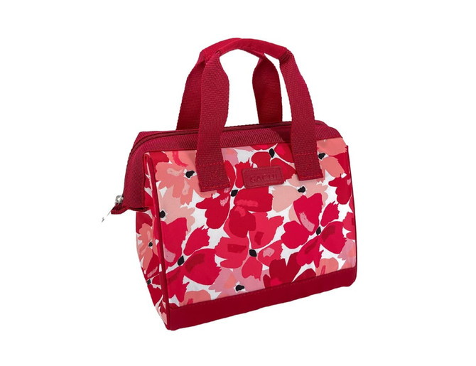A floral insulated lunch bag in shades of pink and red with sturdy handles and a distinctive logo.