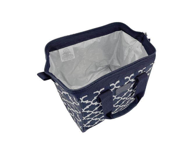 A navy insulated lunch bag with a geometric pattern and grey interior, featuring sturdy handles and a zip closure.