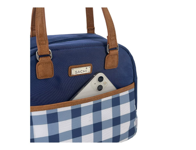 A patterned insulated lunch bag in blue with brown accents, featuring a front pocket holding a smartphone.