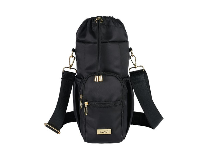 A drink bottle bag in black with a drawstring top, gold accents, and a front zip pocket, featuring a logo.