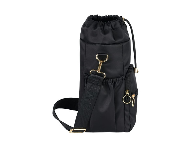 A drink bottle bag in black, featuring a drawstring top, side pockets, and a crossbody strap. It has a logo.