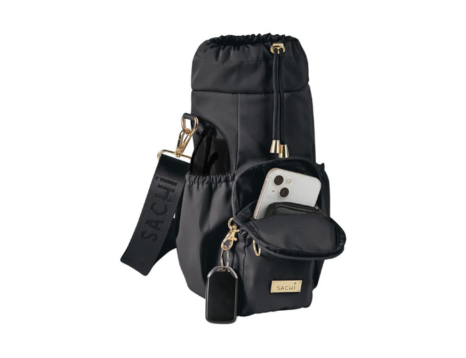 A drink bottle bag in black with gold accents, featuring a main compartment and a small front pocket for accessories.