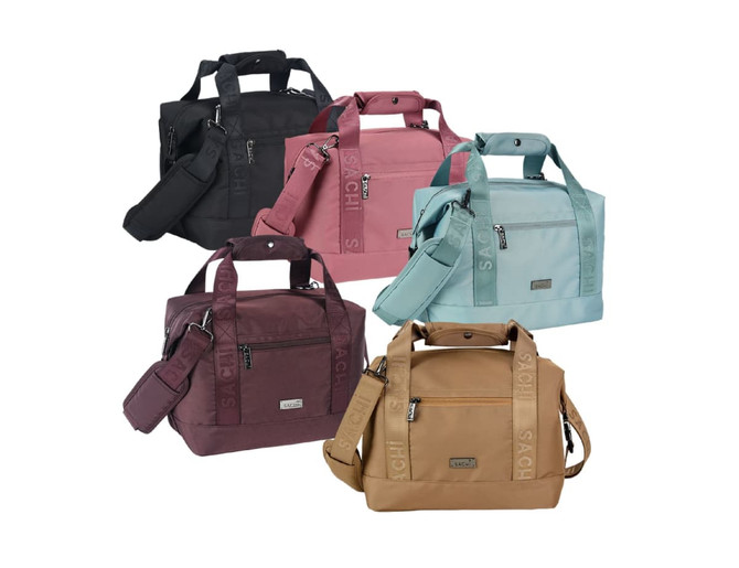 A collection of five insulated cooler bags in black, pink, light blue, burgundy, and tan, featuring various handles and a logo.