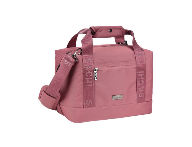 A pink insulated cooler bag with adjustable straps and a front zip pocket, featuring a logo.