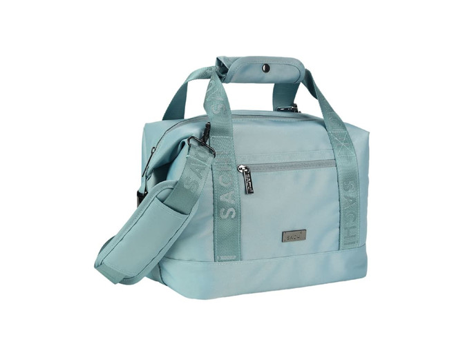 A light blue insulated cooler bag with adjustable straps and a logo, featuring sturdy handles and a zip closure.