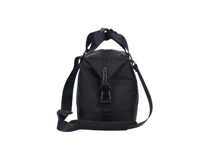 A black insulated cooler bag with adjustable straps and a zippered closure, featuring a branded logo.