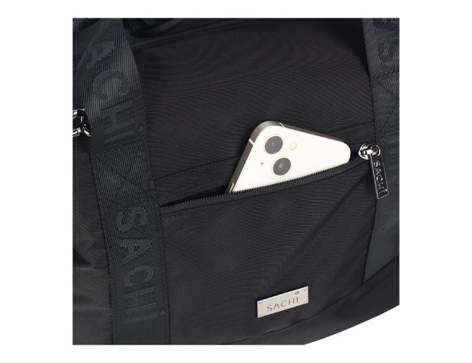 A black cooler bag with a smartphone tucked into a front pocket and a subtle logo visible on the straps.