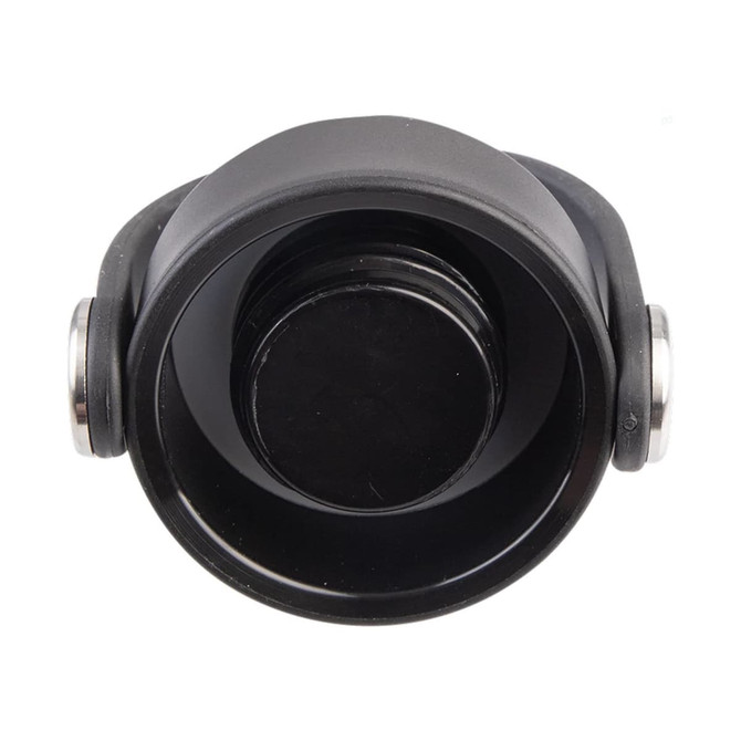 A drink bottle in black, featuring a wide opening and two silver accents on the sides. It has a logo on the surface.
