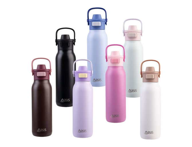 A drink bottle collection featuring various colours: black, brown, pink, white, light blue, and dark blue, with dual spouts and branding.