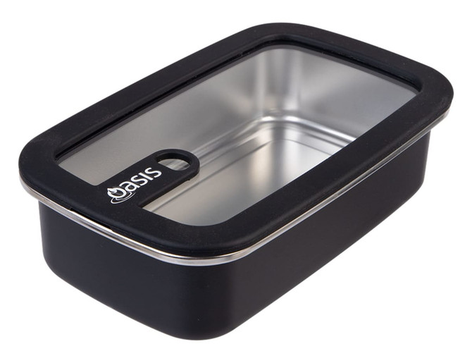 A rectangular stainless steel container in black with a clear lid and a logo on the side.