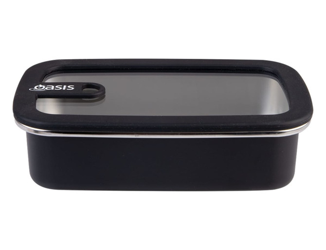 A rectangular stainless steel food container in black with a clear lid and a logo. Capacity of 700ml.