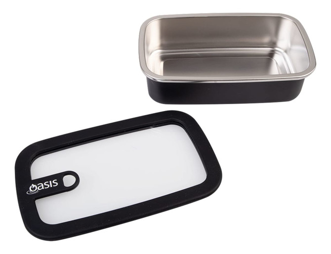 A rectangular stainless steel container in silver with a black lid, featuring a logo. Capacity of 700ml.