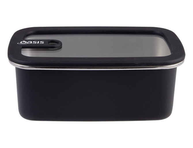 A rectangular black stainless steel container with a clear lid and a logo. Capacity of 1.1L.