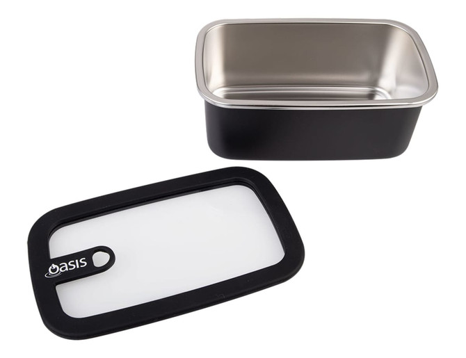 A rectangular stainless steel container in silver with a black lid, featuring a logo. Capacity is 1.1L.