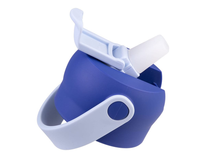 A drink bottle with a blue body and a light blue handle, featuring a flip-top spout for easy drinking.