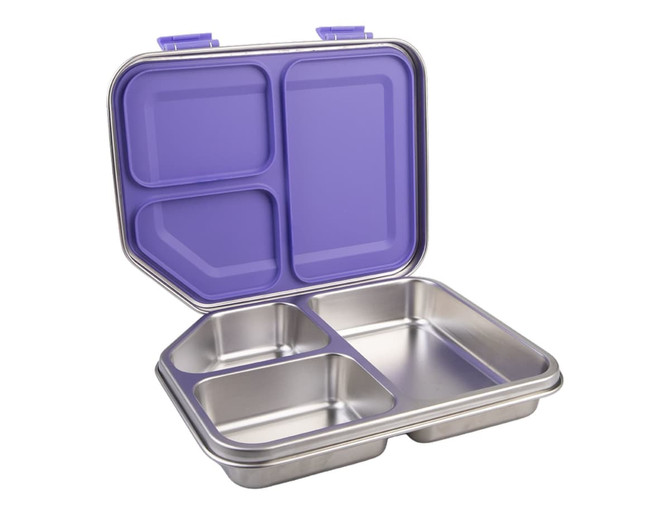 A stainless steel bento lunch box with a purple lid, featuring three compartments for food storage.